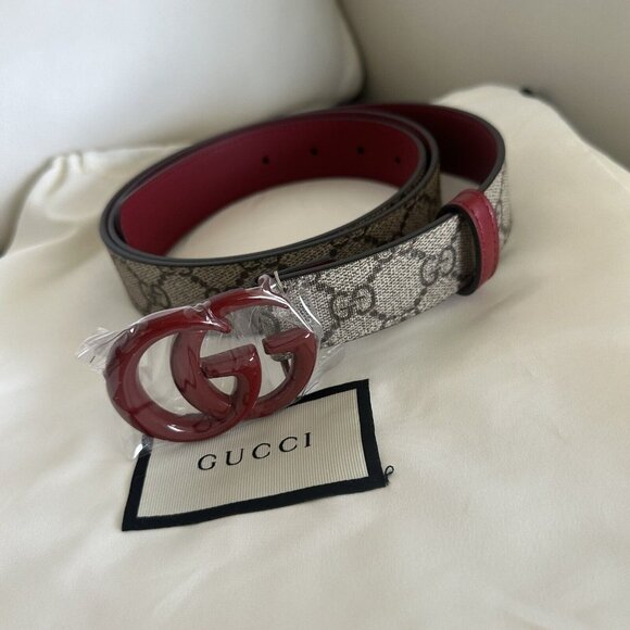 NEW Gucci Marmont Belt GG Logo Red Brown Monogram Canvas 70 cm 28 inch main image 7
